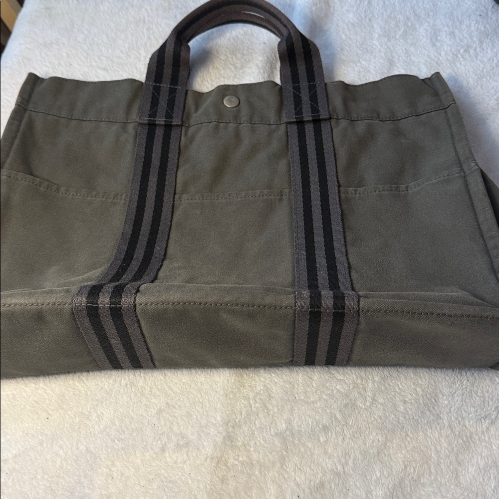 Hermes Olive Green Canvas Tote with Dark Brown/Black Straps